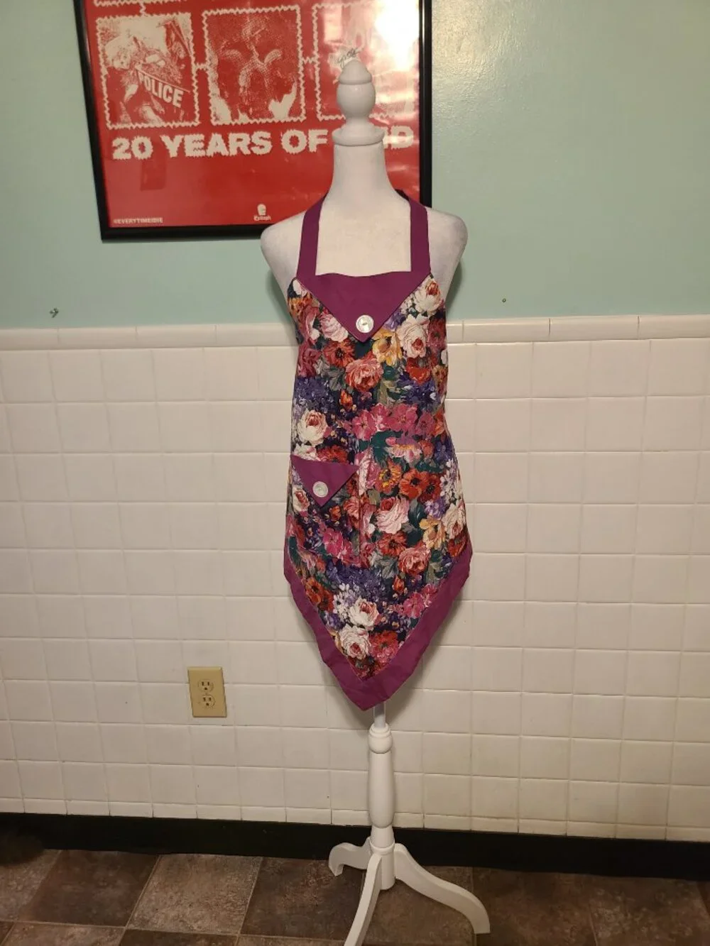 Vintage Handmade Colorful Purple Button Floral Apron Artist Baking Cottagecore
